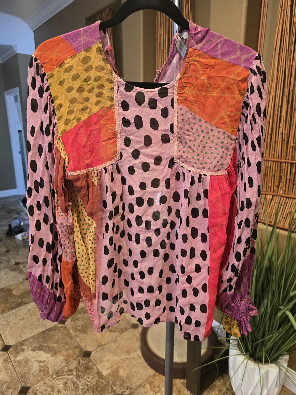 Women's Pink Polka Dot Patchwork Blouse - Picture 2 of 9